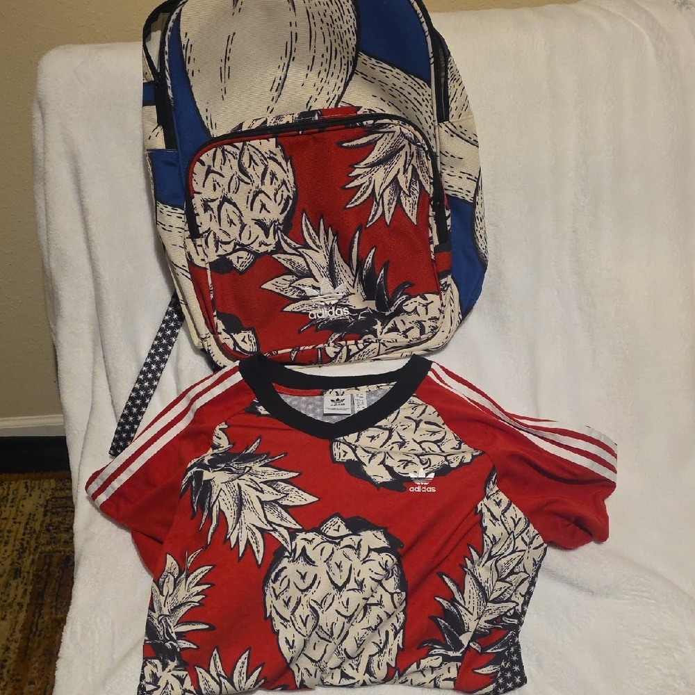 Adidas Red and Blue Pineapple Print Backpack and Top Set
